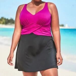 Swimsuits for All Brand Purple/Navy Colorblock Swimdress One Piece Swimsuit 14